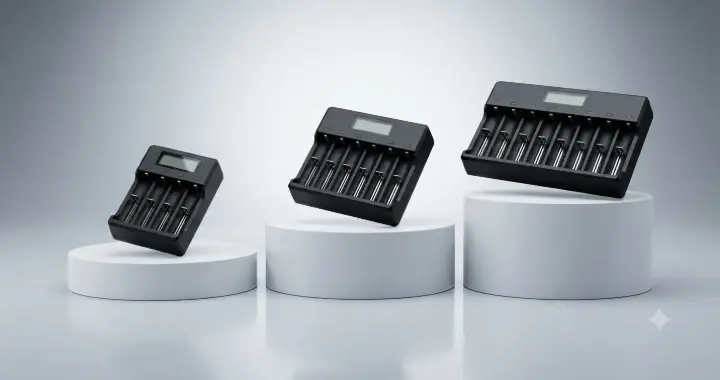 LiitoKala Lii-S8 8-slot 18650 battery charger next to the Lii-S6 and Lii-D4XL chargers