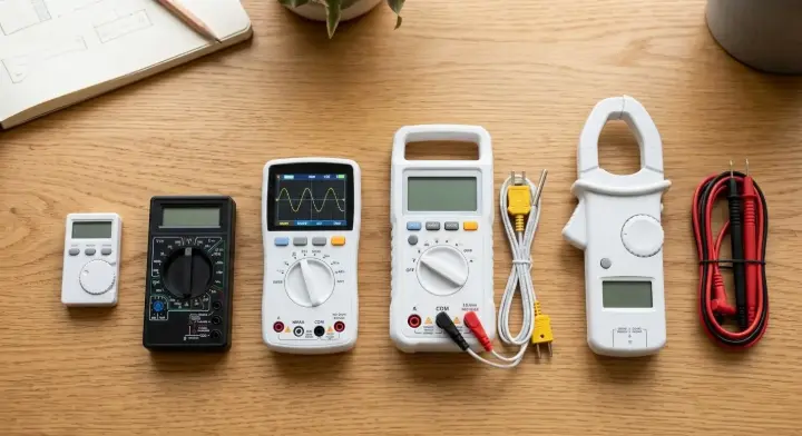 Five digital multimeter types compared, from pocket meters to a clamp meter