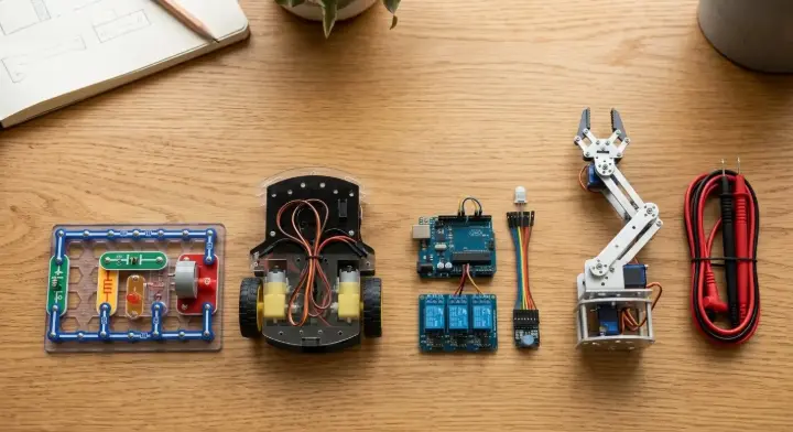 STEM learning kits progression: circuit blocks, robotics, home automation, and robotic arm