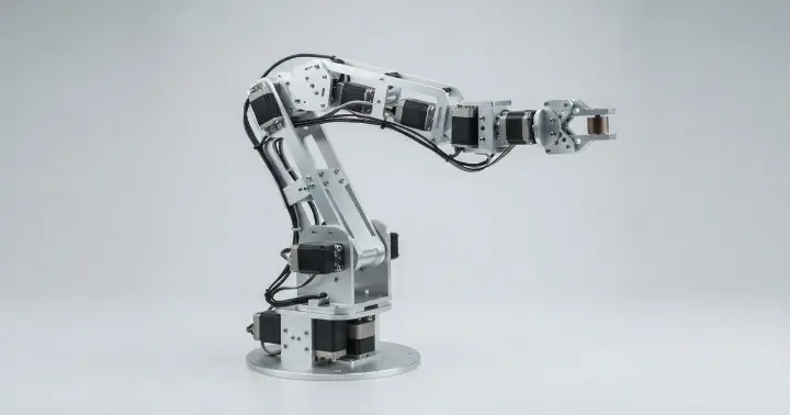 Assembled 6-DOF aluminum robotic arm kit with six servo motors and a gripper on a light background