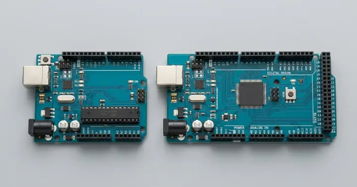 Arduino UNO and Arduino Mega2560 boards side by side showing the size and pin-count difference