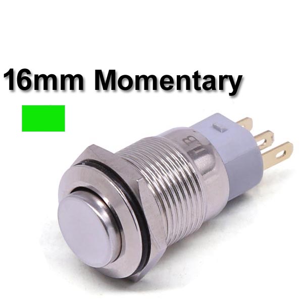 Metal Switch Momentary 16mm Green LED Ring Water/Dustproof
