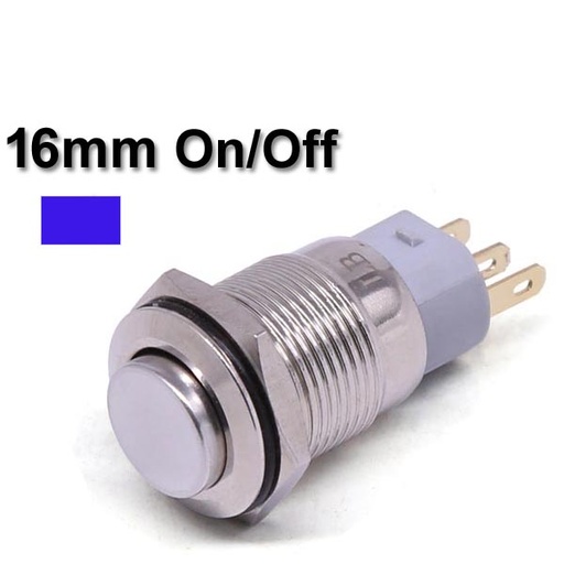 [PB.16.M.ON.OFF.BLUE] Metal Switch On/Off 16mm Blue LED Ring Water/Dustproof