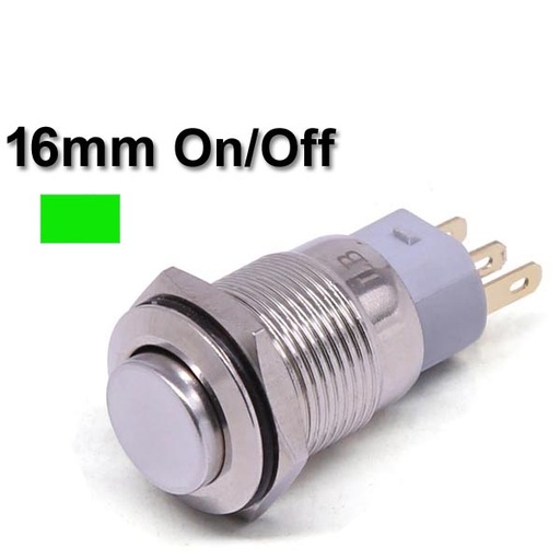 [PB.16.M.ON.OFF.GREEN] Metal Switch On/Off 16mm Green LED Ring Water/Dustproof
