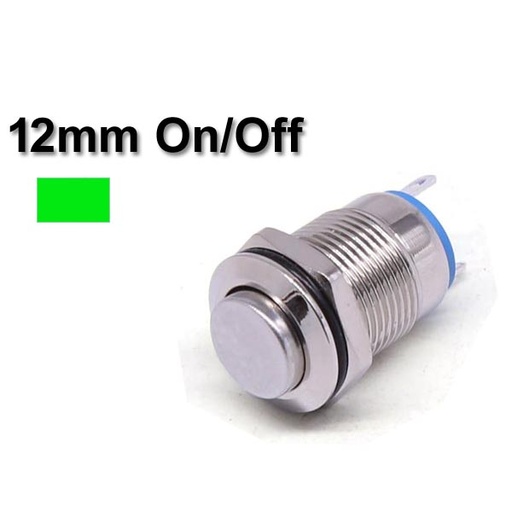 [PB.12.M.ON.OFF.GREEN] Metal Switch On/Off 12mm Green LED Ring Water/Dustproof
