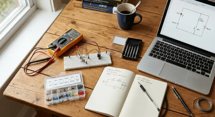 Student's electronics starter kit on a desk — breadboard with jumper wires, digital multimeter, resistor kit, and screwdriver set, with a laptop showing a circuit diagram