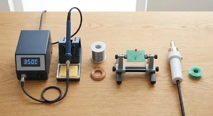 Professional soldering setup: temperature-controlled station, PCB holder, and desoldering tools