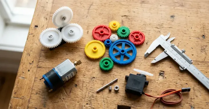 Assortment of plastic robotics gears, white crown gears and a small gear motor on a workbench