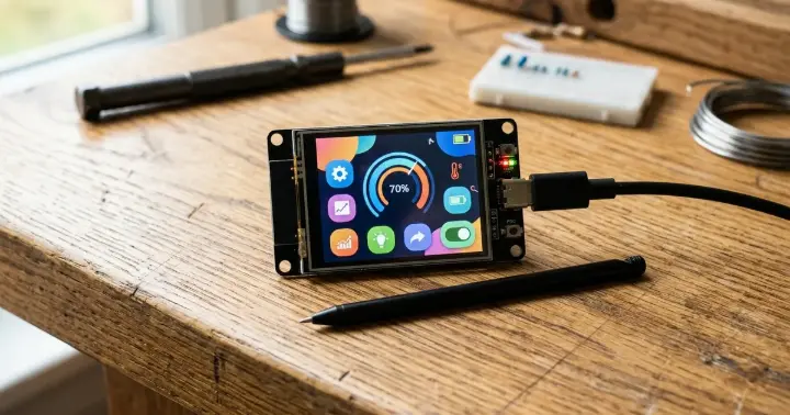 ESP32 board with a 2.8 inch touchscreen showing a simple UI, a stylus and USB cable on a workbench