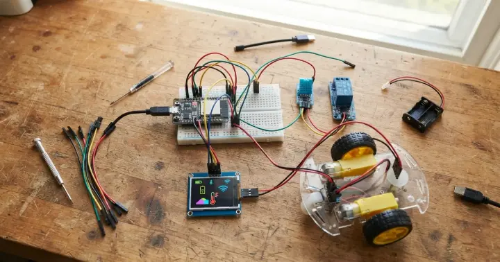 ESP32 development board on a breadboard with a sensor, relay, display and a small robot car on a workbench