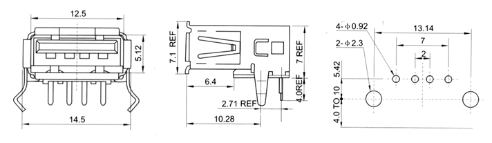 USB Connector on PCB Type A Female - 4pin