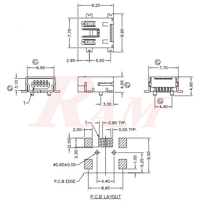 USB Connector on PCB 5 Pin Mini A Type Female