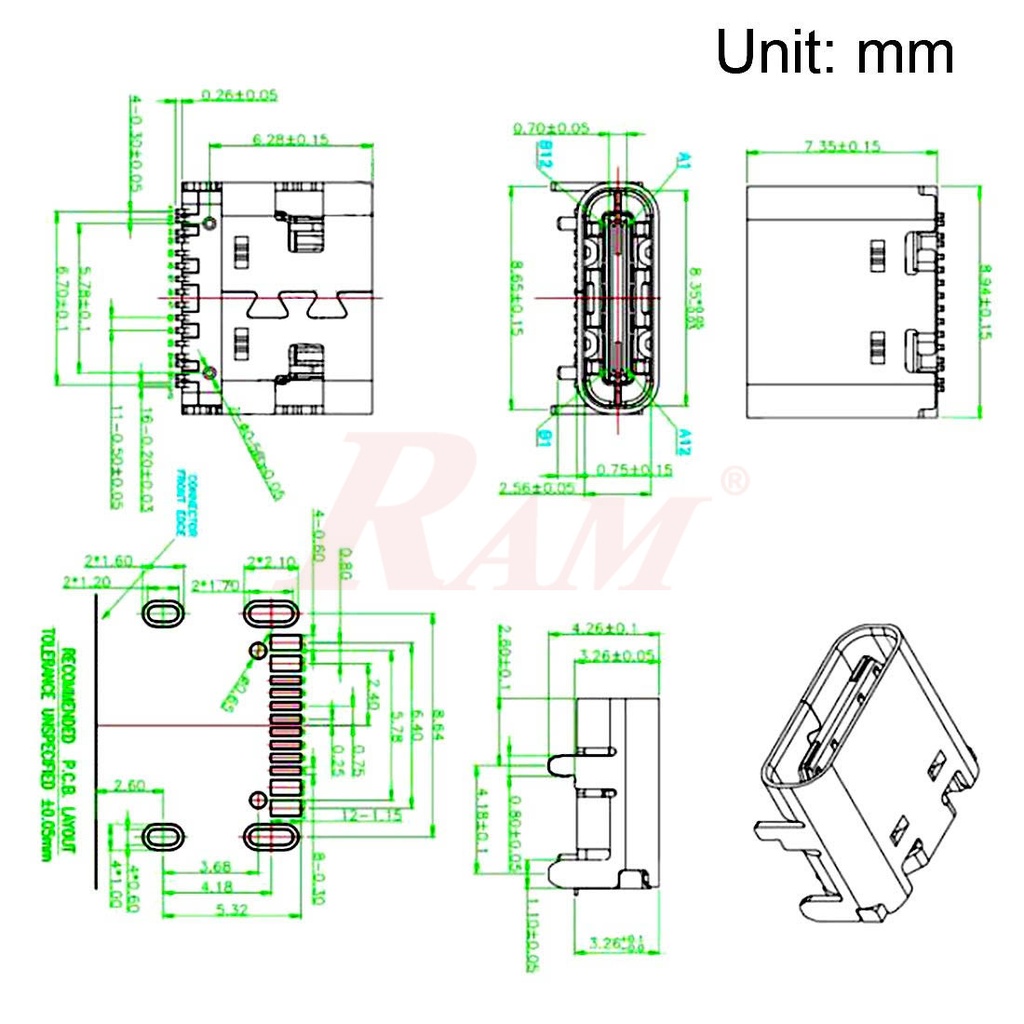 USB Connector on PCB C-Type Type Female 16 Pin (SKU#USB9)