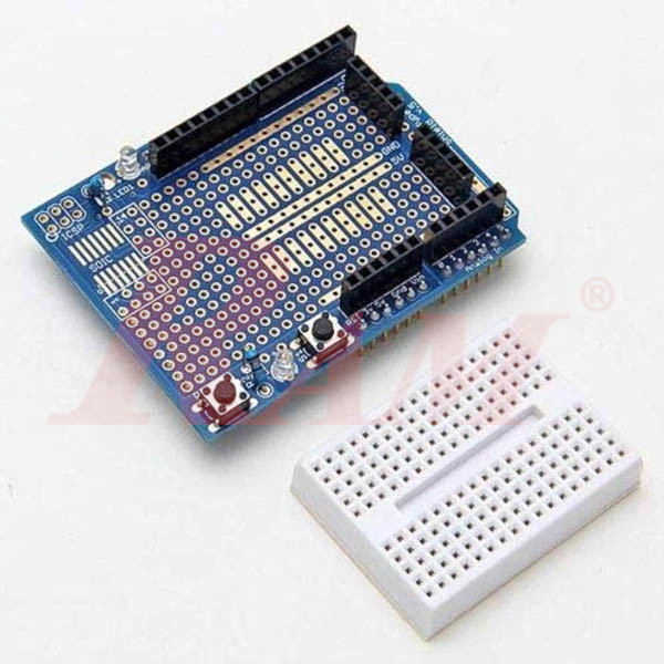 Arduino prototype shield with mini breadboard SKU M34 mounted view