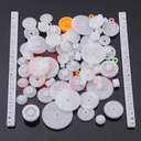 75-piece plastic gear set including crown, spindle, and worm gears, pulleys, and racks