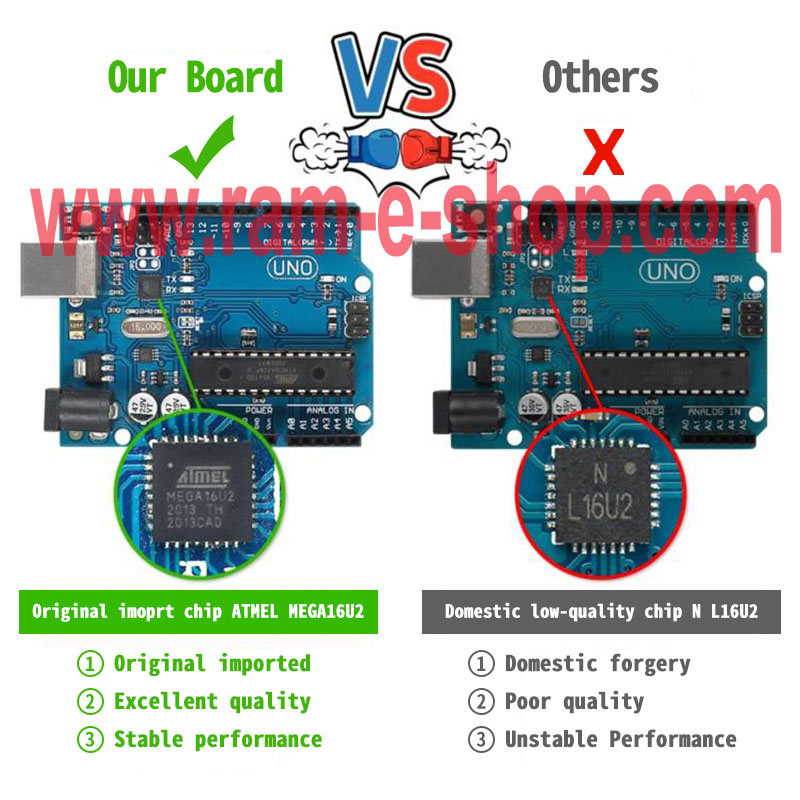 Arduino UNO chip comparison: original ATMEL MEGA16U2 vs low-quality N L16U2