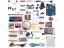 TR-11 Arduino kit components flat-laid: LCD, UNO board, LEDs, resistors, and sensors