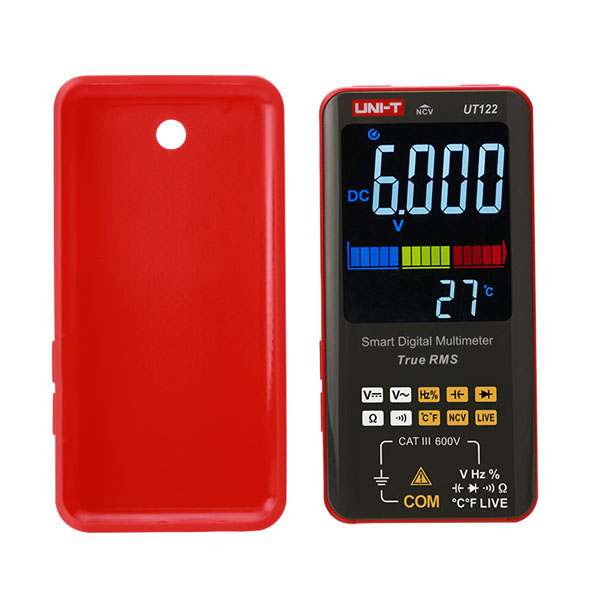 UNI-T UT122 multimeter front and back with protective holster