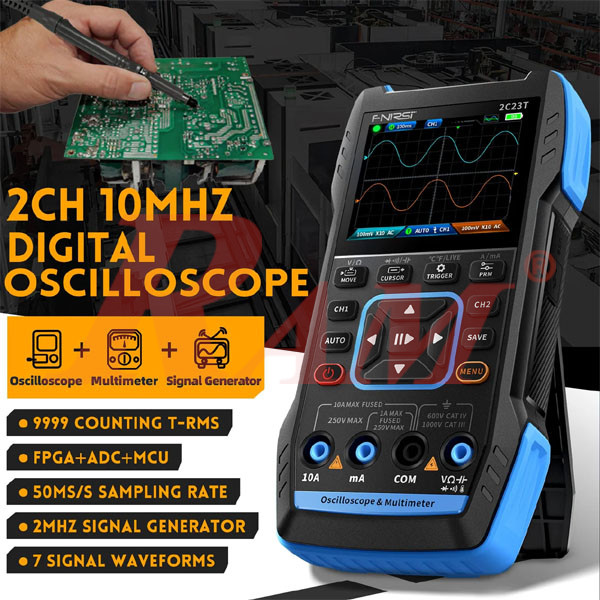 FNIRSI® 2C23T Handheld Dual Channel 3-in-1 10MHz 50MS/s Oscilloscope + Multimeter + DDS Function Generator