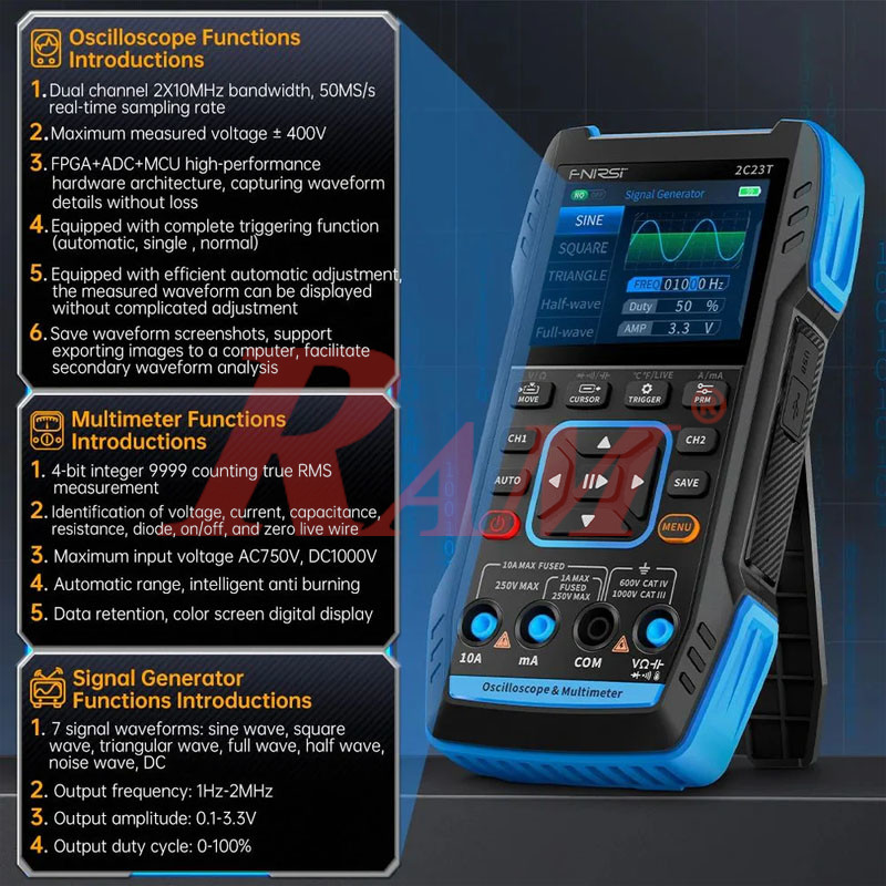 FNIRSI® 2C23T Handheld Dual Channel 3-in-1 10MHz 50MS/s Oscilloscope + Multimeter + DDS Function Generator