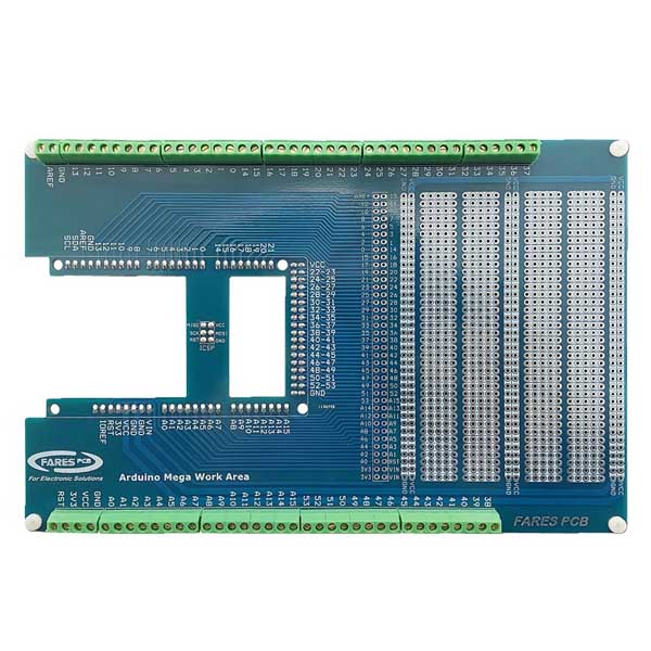 Arduino MEGA2560 shield working area board top view with terminal blocks and breadboard holes