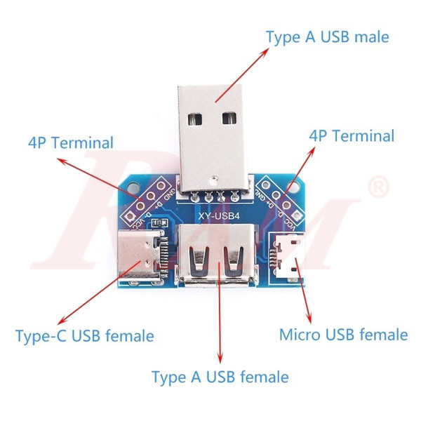 XY-USB4 Converter 4 in 1 USB Adapter Board Male To Female A, Micro, Type C & 4P 2.54mm Straight