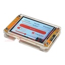 ESP32-32E display in acrylic case showing touch UI demo screen