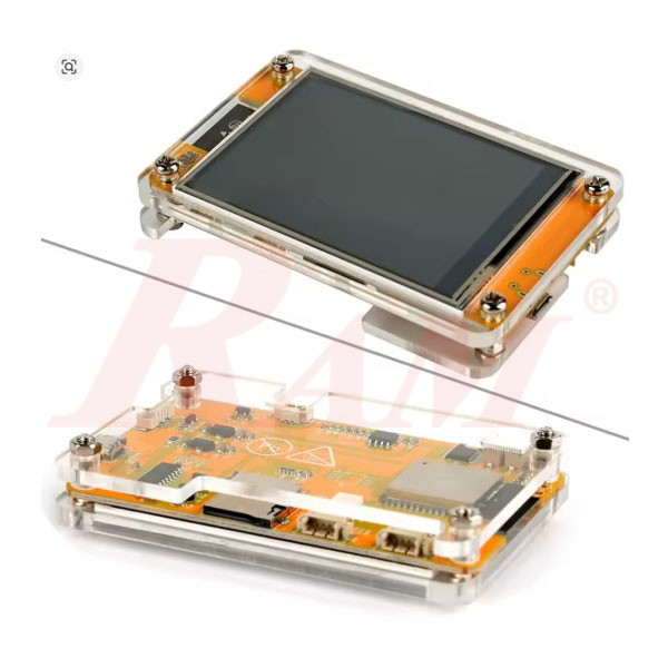 ESP32-32E display module exploded view showing PCB and screen in acrylic case