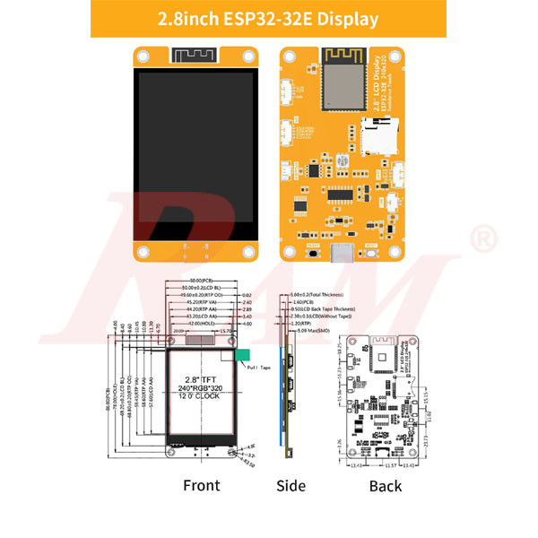 ESP32-32E 2.8" display front, side, and back view with technical dimensions