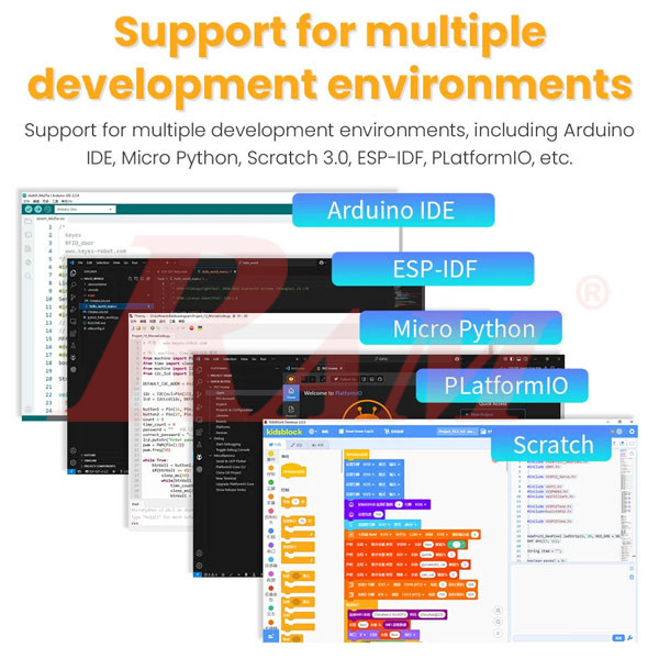 ESP32-32E supported development environments: Arduino IDE, ESP-IDF, MicroPython, PlatformIO, Scratch