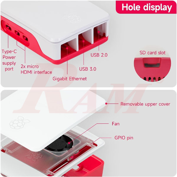 Enclosure 3 Layer With Fan For Raspberry Pi 5 ABS Case Red/White (SKU#BOX5ORG) - Original