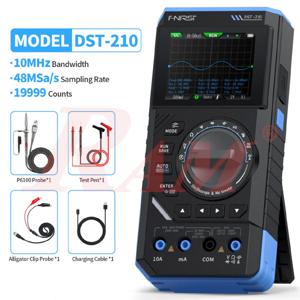 FNIRSI DST-210 with specs overlay and included accessories: probe, test pen, alligator clip, cable