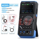 FNIRSI DST-210 with specs overlay and included accessories: probe, test pen, alligator clip, cable