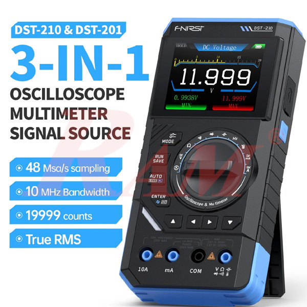 FNIRSI DST-210 & DST-201 3-in-1 marketing graphic: oscilloscope, multimeter, signal source specs