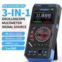 FNIRSI DST-210 & DST-201 3-in-1 marketing graphic: oscilloscope, multimeter, signal source specs