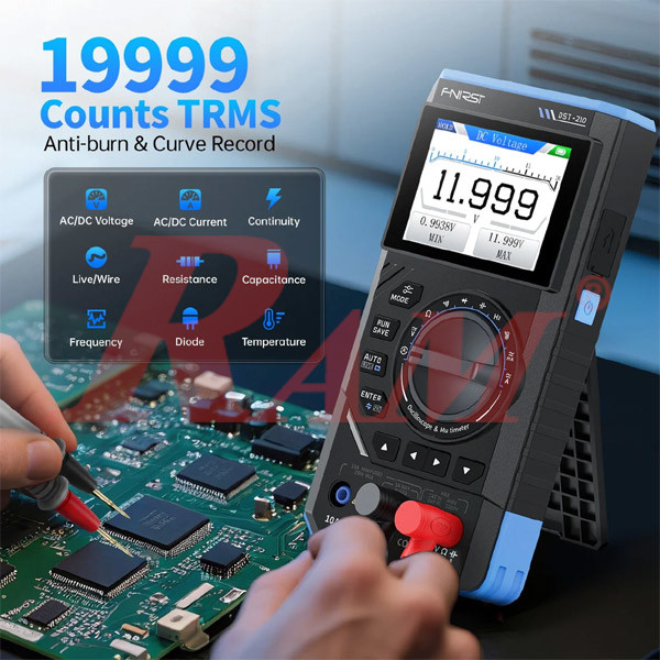 FNIRSI DST-210 multimeter functions: AC/DC voltage, current, resistance, capacitance, live/wire test
