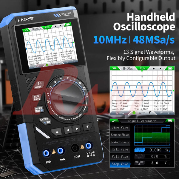 FNIRSI DST-210 handheld oscilloscope 10MHz waveform display and signal generator screen