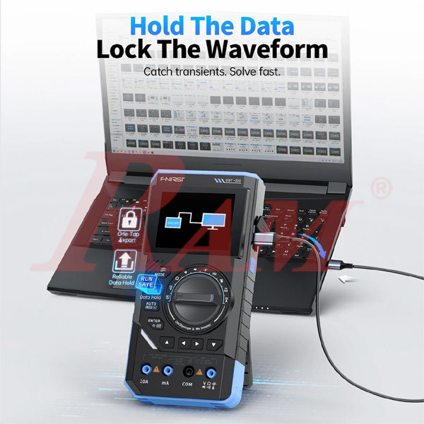 FNIRSI DST-210 connected to a laptop for one-tap data export and waveform hold