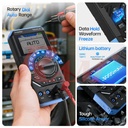 FNIRSI DST-210 features: auto-range dial, data hold, 3000mAh battery, and silicone armor