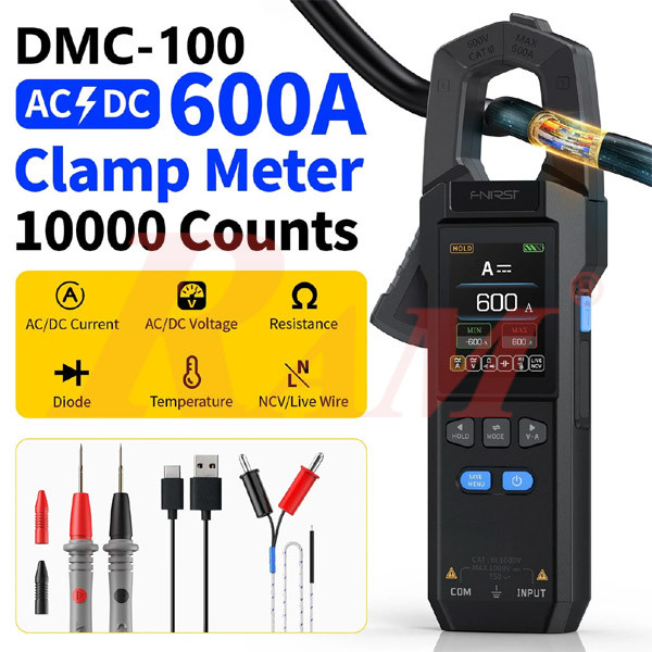 FNIRSI DMC-100 clamp meter features: 600A AC/DC, resistance, diode, temperature, NCV