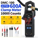 FNIRSI DMC-100 clamp meter features: 600A AC/DC, resistance, diode, temperature, NCV
