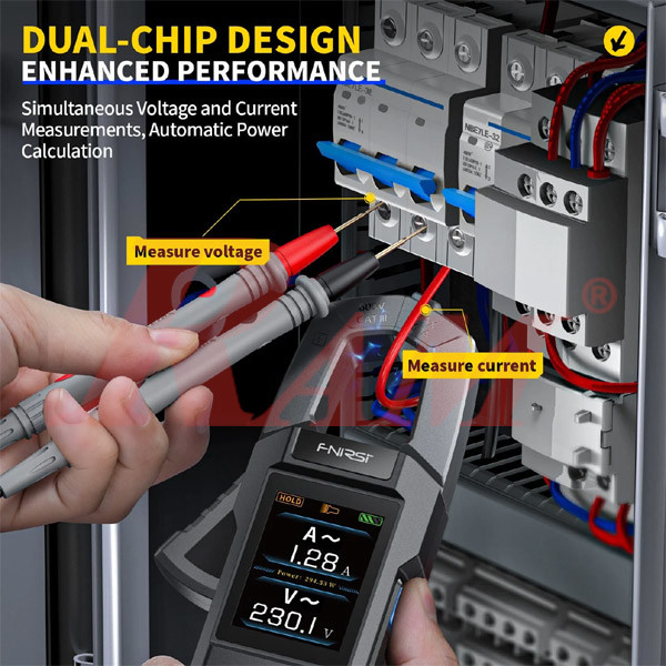 FNIRSI DMC-100 measuring live voltage and current on an electrical panel