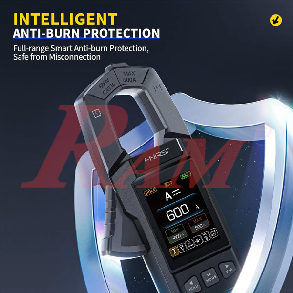FNIRSI DMC-100 intelligent anti-burn protection feature, CAT III 600V rated jaw