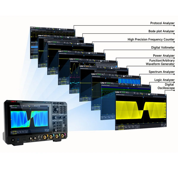 UNI-T MSO3034X Mixed Signal Oscilloscope 350 MHz 4 Analog + 16 Digital Channels, 5 GSa/s Sampling Rate, Built-in Spectrum Analyzer, Logic Analyzer, Protocol Decoder, and Optional Function / Arbitrary Waveform Generator