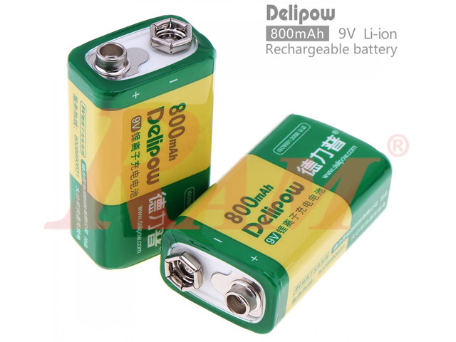 Two Delipow 9V 800mAh lithium-ion rechargeable batteries showing metal terminals