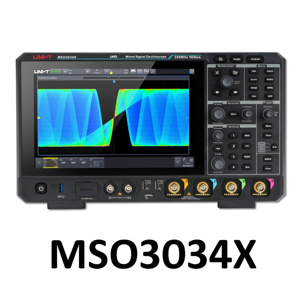 MSO3034X UNI-T Mixed Signal Oscilloscope 350 MHz 4 Analog + 16 Digital Channels, 5 GSa/s Sampling Rate, Built-in Spectrum Analyzer, Logic Analyzer, Protocol Decoder, and Optional Function / Arbitrary Waveform Generator جهاز اوسيلوسكوب احترافي مختلط الاشارة 350 ميجاهرتز 4 قناة و16 قناة رقمية ومزايا اخرى متقدمة
