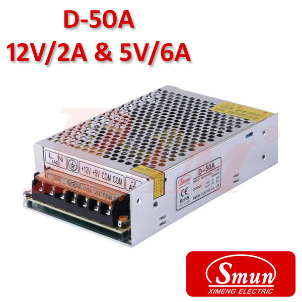 Smun® Industrial SMPS Dual Output +12Vdc/2A & +5Vdc/6A Input 220Vac (D-50A)
