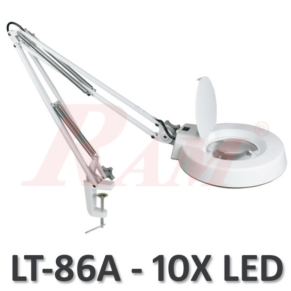 LT86A Glass 10X Big Magnifier Movable Arm With LED Light عدسة تكبير تثبيت ربط مكتبي مع ذراع متحرك و اضائة ليد