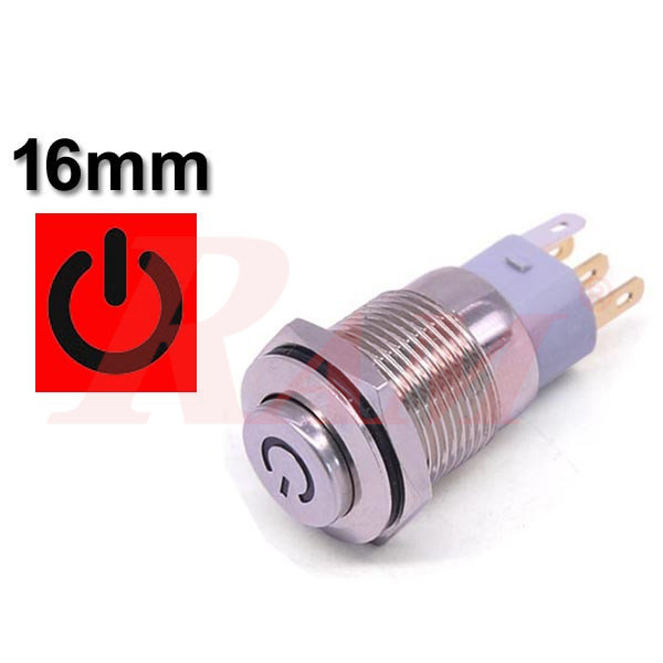 Metal Switch 16mm Waterproof Metal with POWER Symbol Red LED مفتاح تشغيل On/Off معدني 16 ملم معدن مقاوم للماء والاتربة مع رمز تشغيل الطاقة LED باللون الاحمر POWER