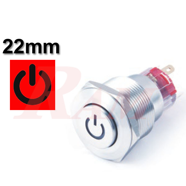 مفتاح تشغيل On/Off معدني 22 ملم معدن مقاوم للماء والاتربة مع رمز تشغيل الطاقة LED باللون الأحمر POWER